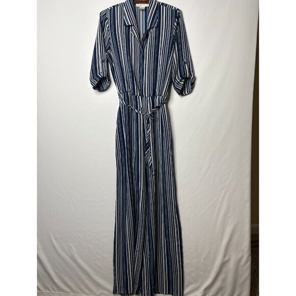 BONDED  Pant Romper Drawstring Waist Front Button Women Size Medium Blue White - Picture 1 of 6